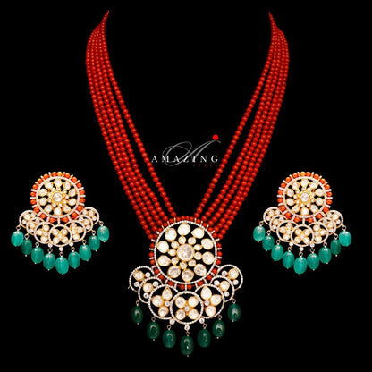 Silver Mossanite Polki Hydro Emerald Tumbles Swarovski Set , Wedding Jewelry Set,Traditional Jewelry,Bridal Jewelry,Coral Beads Necklace set