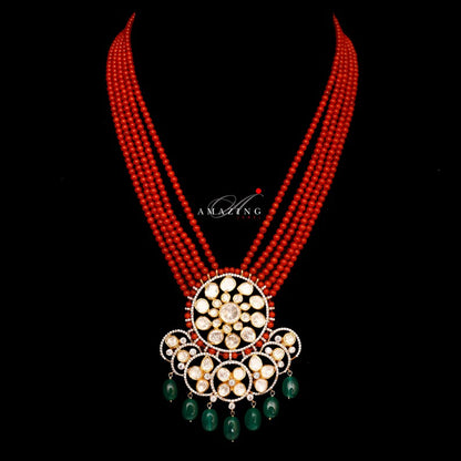 Silver Mossanite Polki Hydro Emerald Tumbles Swarovski Set , Wedding Jewelry Set,Traditional Jewelry,Bridal Jewelry,Coral Beads Necklace set