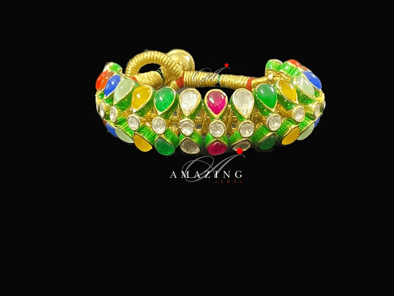 Silver Moissanite Polki Bangles,Navratan Bangles,Indian Traditional Bangles , Moissanite Polki Bangles , Adjustable Bangles , Gajra Bangle