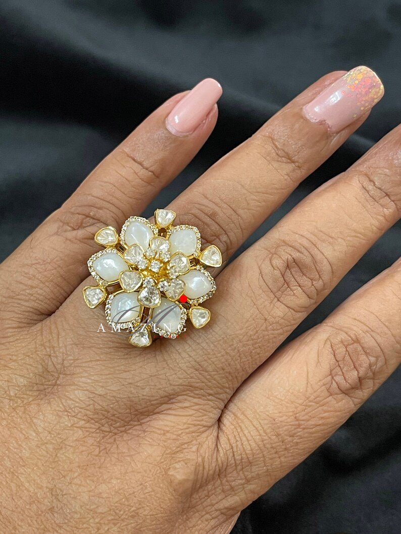 Silver Moissanite Polki Ring