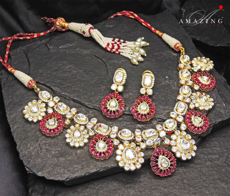 Silver Moissanite Ruby Hydro Cabs Jewelery ,Indian Wedding Jewelery, Moissanite Polki Set, Indian Traditional Jewelery, SilverNecklace Set