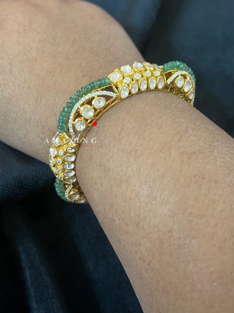 Silver Moissanite Polki Emerald Bangle, 925 Bangle, Bridal Polki Bangle, Indian Bangles, Wedding Bangle, Bridal Jewellery, Bangles, Openable