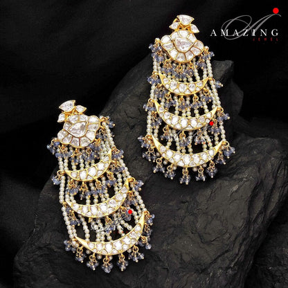 Silver Moissanite Polki Pearl Earring, Moissanite Kundan Earring, Bridal Jewelery, Polki Pearl Chandelier, Silver Chandelier, Earring