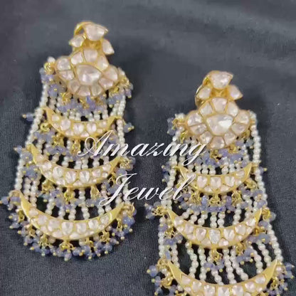 Silver Moissanite Polki Pearl Earring, Moissanite Kundan Earring, Bridal Jewelery, Polki Pearl Chandelier, Silver Chandelier, Earring