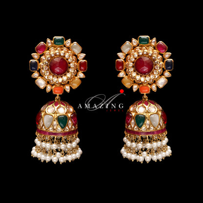 Silver Moissanite Polki with Semi Precious Navratan Stones and Fresh Water Sea Pearls Earring Moissanite Polki Earring Jhumka Bridal Jewelry