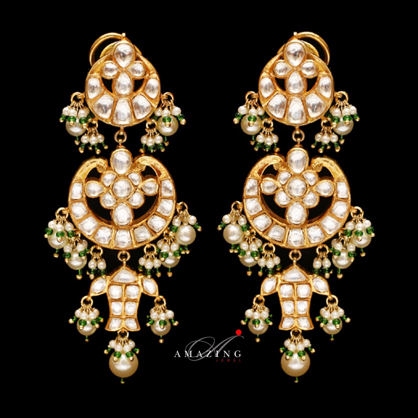 Silver Moissanite Polki with Fresh Water Sea Pearls Earring  Indian Wedding Jewelry   Moissanite Polki Earring   Chandbali   Bridal Jewelry