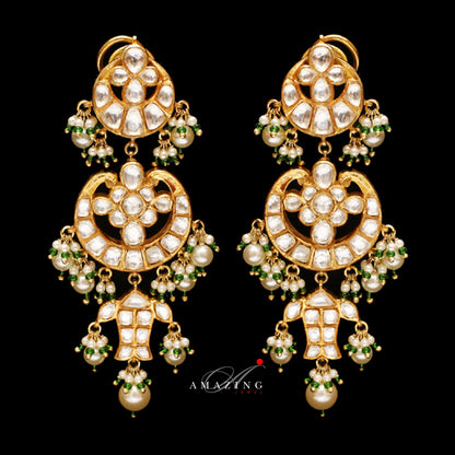 Silver Moissanite Polki with Fresh Water Sea Pearls Earring  Indian Wedding Jewelry   Moissanite Polki Earring   Chandbali   Bridal Jewelry