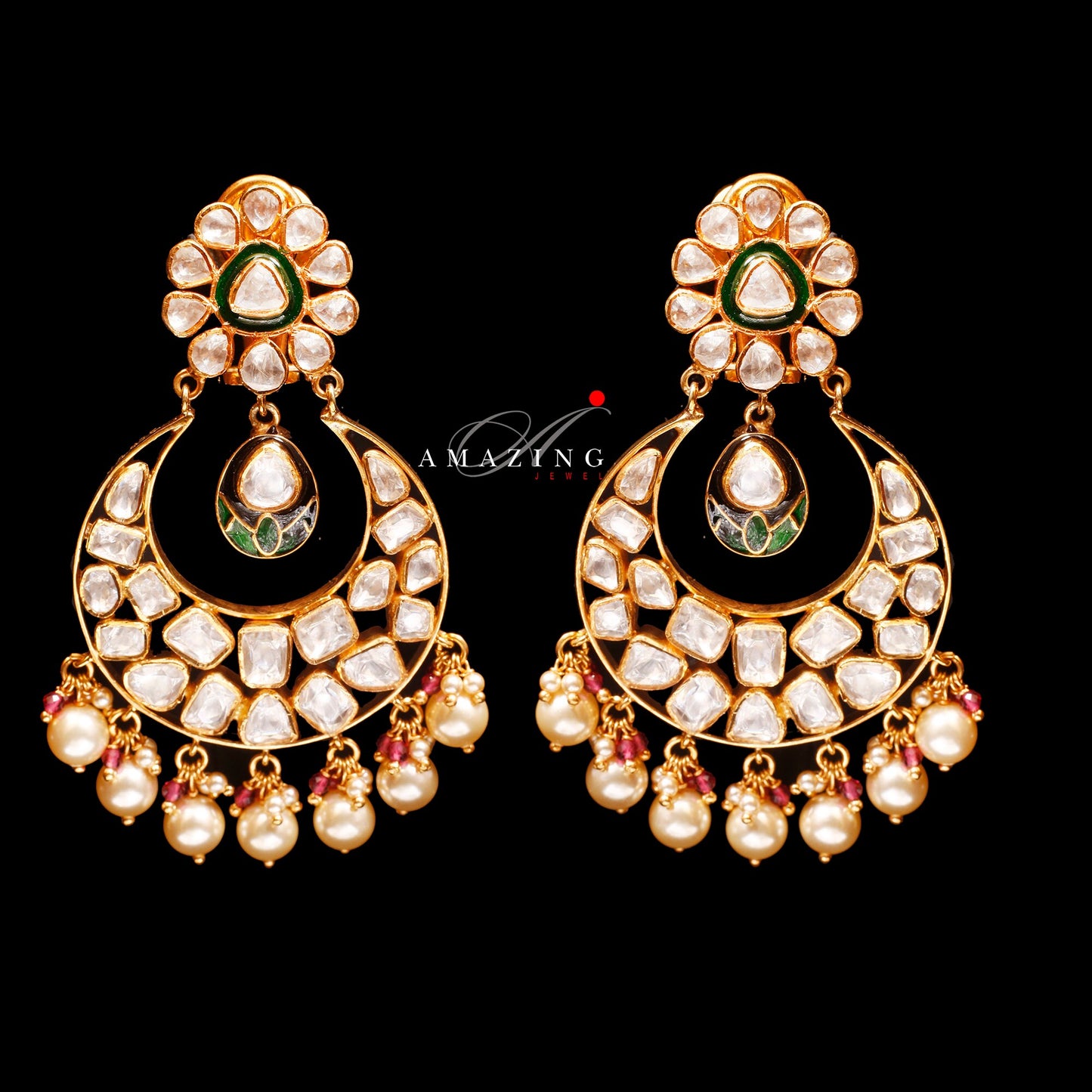 Silver Moissanite Polki with Fresh Water Sea Pearls Earring  Moissanite Polki Earring   Chandbali  Bridal Jewelry  Traditional Jewelry