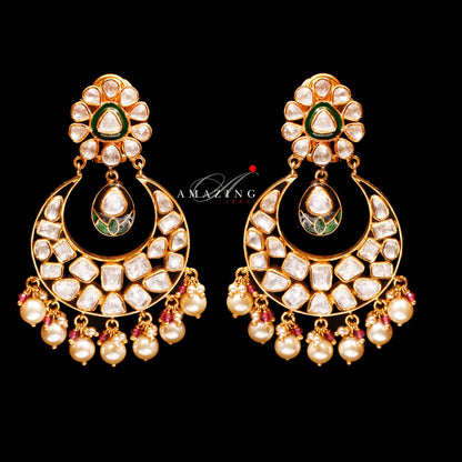 Silver Moissanite Polki with Fresh Water Sea Pearls Earring  Moissanite Polki Earring   Chandbali  Bridal Jewelry  Traditional Jewelry