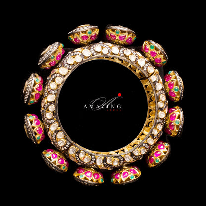 Silver Moissanite Polki with Hydro Ruby Cabs Bangle   Moissanite Polki Bangles  Indian Traditional Bangles   Wedding Jewelry   Bangdi