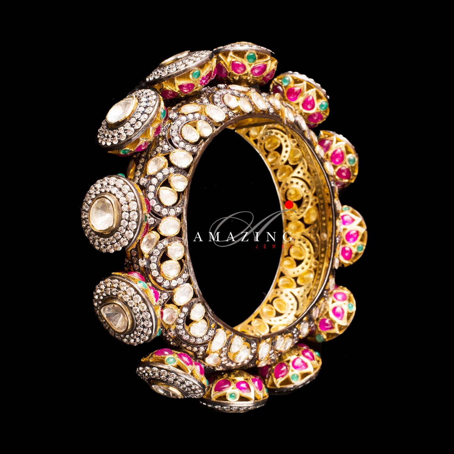 Silver Moissanite Polki with Hydro Ruby Cabs Bangle   Moissanite Polki Bangles  Indian Traditional Bangles   Wedding Jewelry   Bangdi