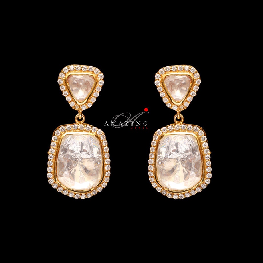 Silver Moissanite Polki Swarovski Stones Earring , Wedding Jewelry,Moissanite Polki Earring, Moissanite Polki Earring, Statement Earrings