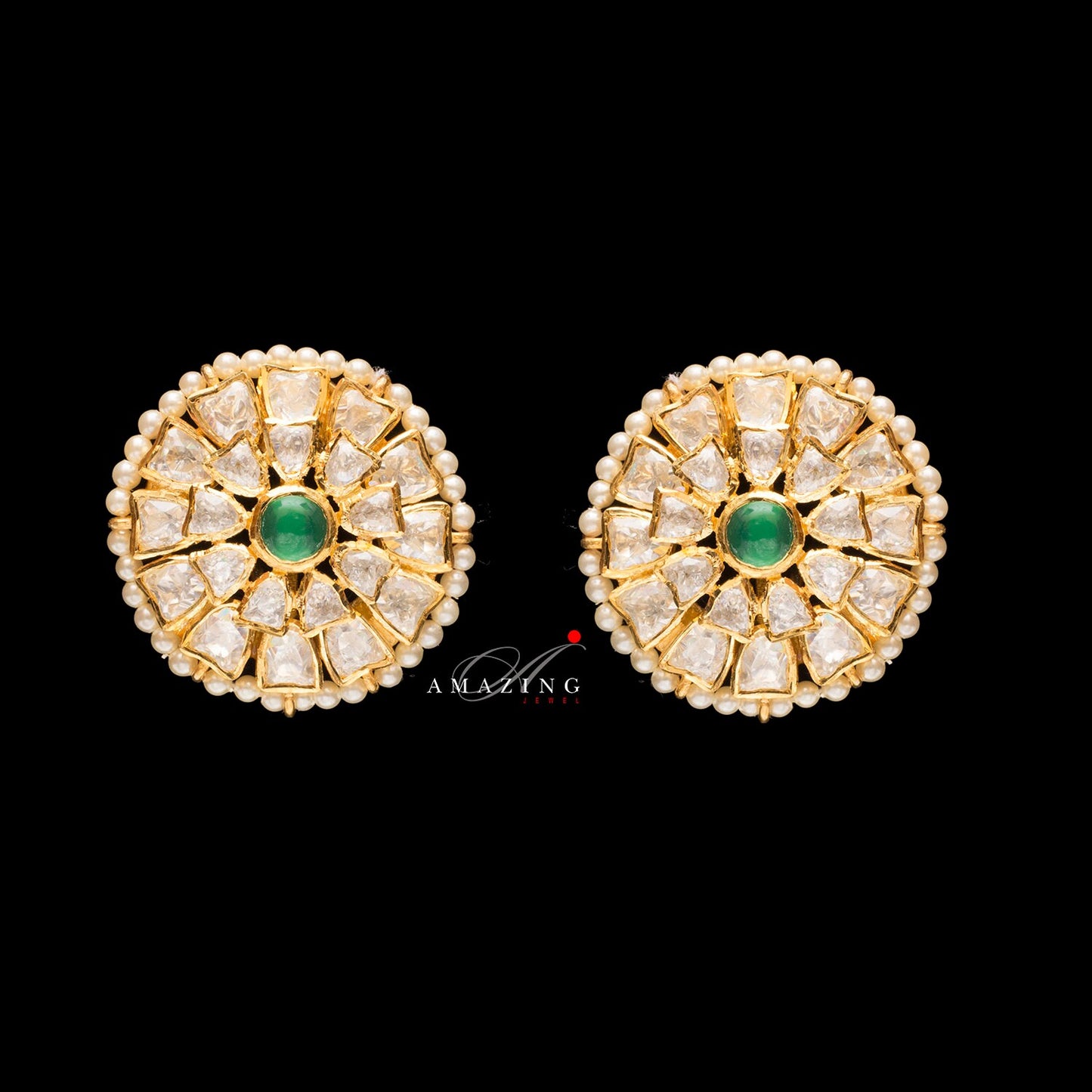 Silver Moissanite Polki with Hydro Emerald Cabs Earring,Indian Wedding Jewelry,Moissanite Polki Earring,Statement Earring,Silver Polki Studs