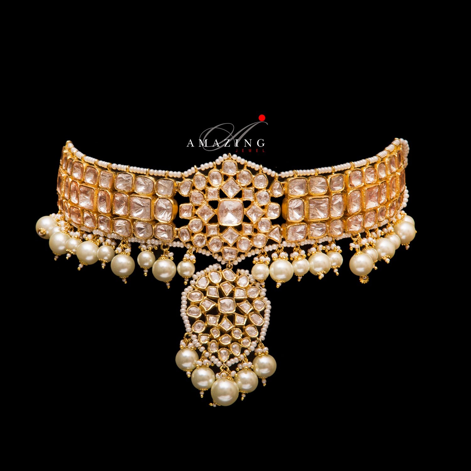 Silver Moissanite Polki with Fresh Water Sea Pearls Jewelry Set Indian Traditional Wedding Jewelry  Bridal Jewelry Polki Choker ChokerSet