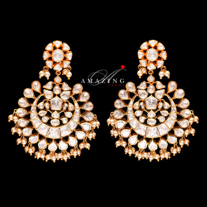 Silver Moissanite Polki with Pearls Earring   Moissanite Kundan Chandbali  Bridal Jewelry  Traditional Jewelry   925 Sterling Silver Earring