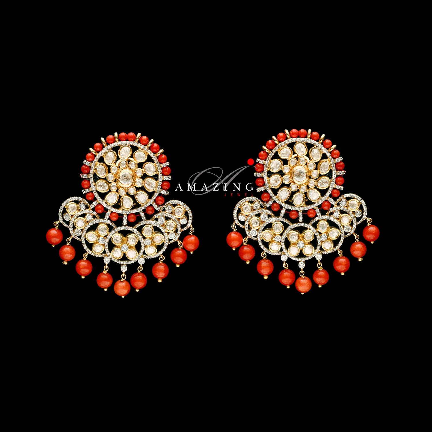 Silver Moissanite Polki with Coral Beads Earring ,Moissanite Polki Earring , Chandbali ,Bridal Jewelry,925 Sterling Silver Kundan Earring