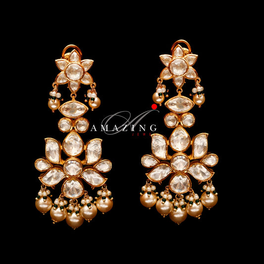 Silver Moissanite Polki with Pearls Earring ,Moissanite Kundan Chandelier ,Bridal Jewelry, Traditional Jewelry , 925 Sterling Silver Earring