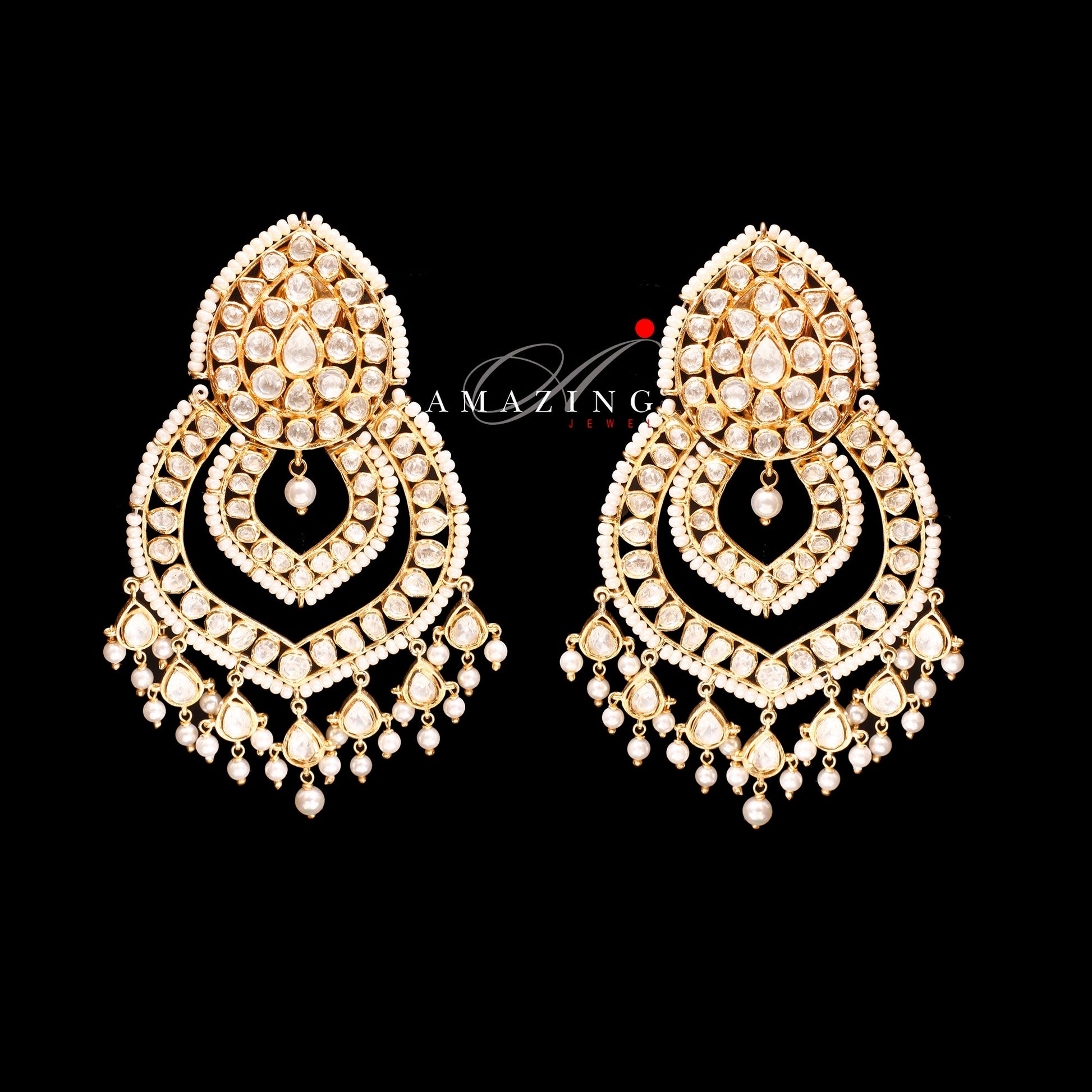 Silver Moissanite Polki with Pearls Earring   Moissanite Kundan Chandbali  Bridal Jewelry  Traditional Jewelry   925 Sterling Silver Earring