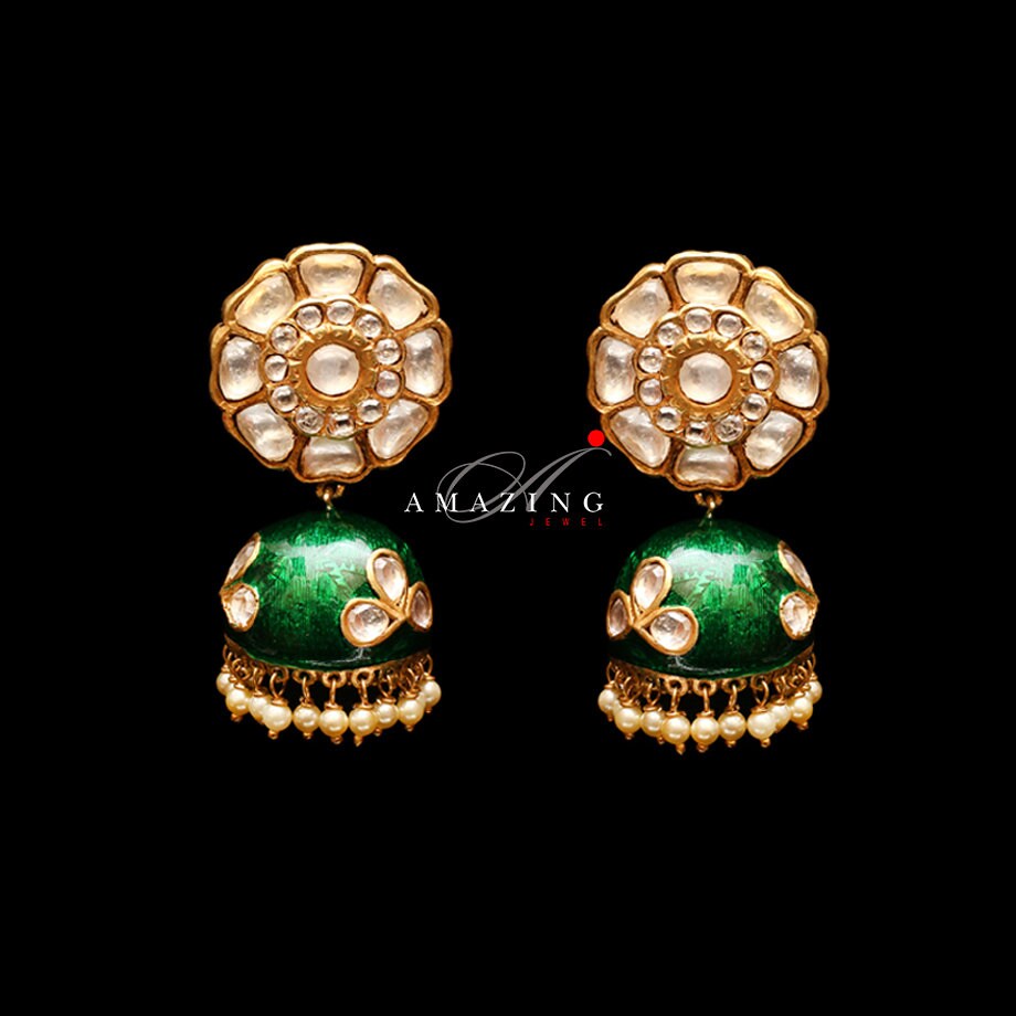 Silver Moissanite Polki with Green Enamel & Sea Pearls Earring Moissanite Polki Earring Jhumka Bridal Jewelry 925 Sterling Silver Jhumka