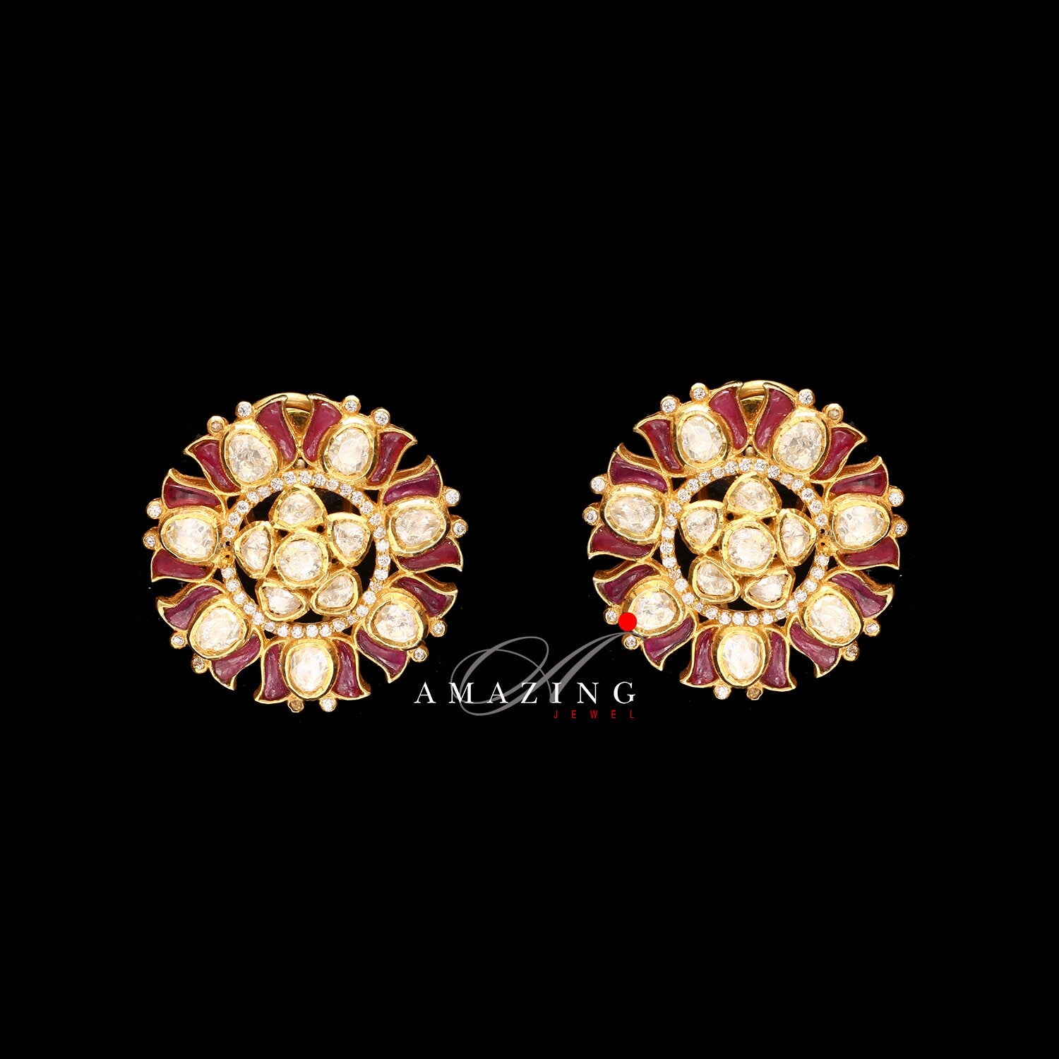 Silver Moissanite Polki with Hydro Ruby Chip Earrings Moissanite Polki Kundan Earring Indian Wedding Jewelry Silver Moissanite Polki Earring