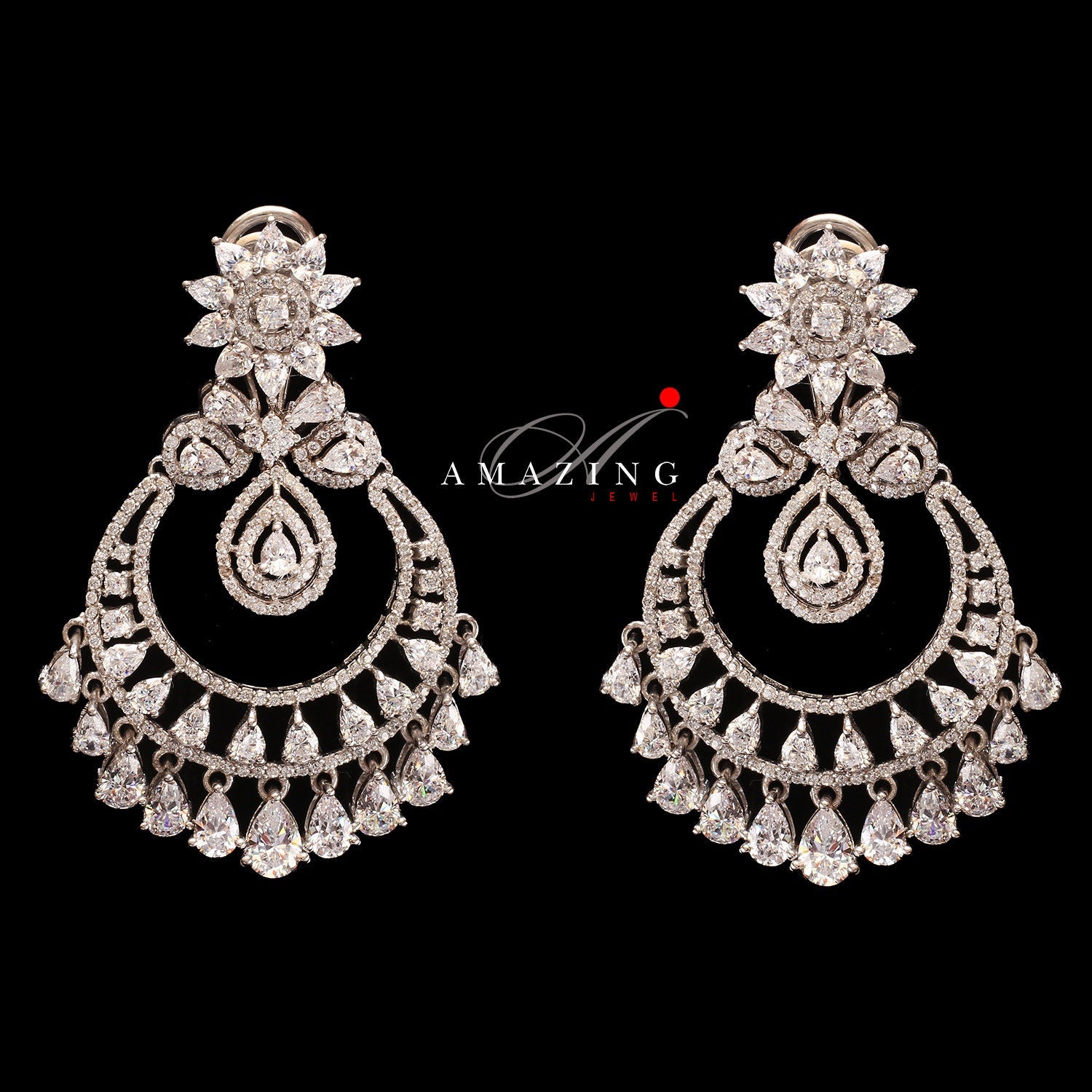 Silver Studded Cubic Zirconia Earring , Swarovski Chandbali ,Bridal Jewelry, Traditional Jewelry , 925 Sterling Silver Earring,Fine Jewelry