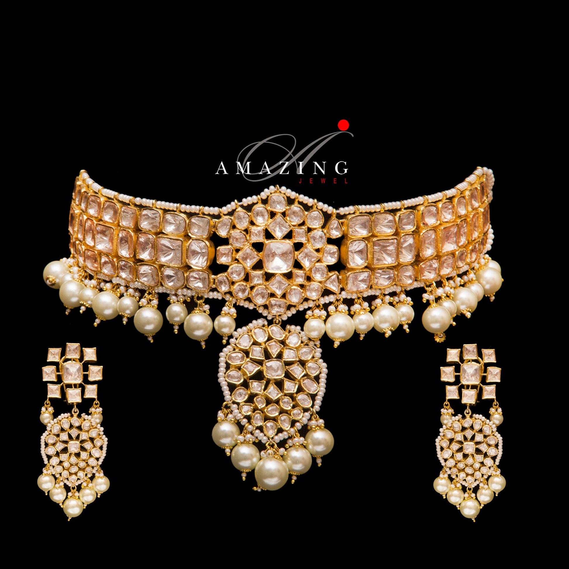 Silver Moissanite Polki with Fresh Water Sea Pearls Jewelry Set Indian Traditional Wedding Jewelry  Bridal Jewelry Polki Choker ChokerSet