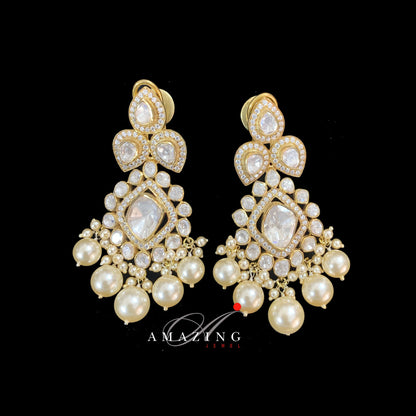 Silver Moissanite Polki with Pearls Earring  Moissanite Kundan Chandelier  Bridal Jewelry  Traditional Jewelry   925 Sterling Silver Earring