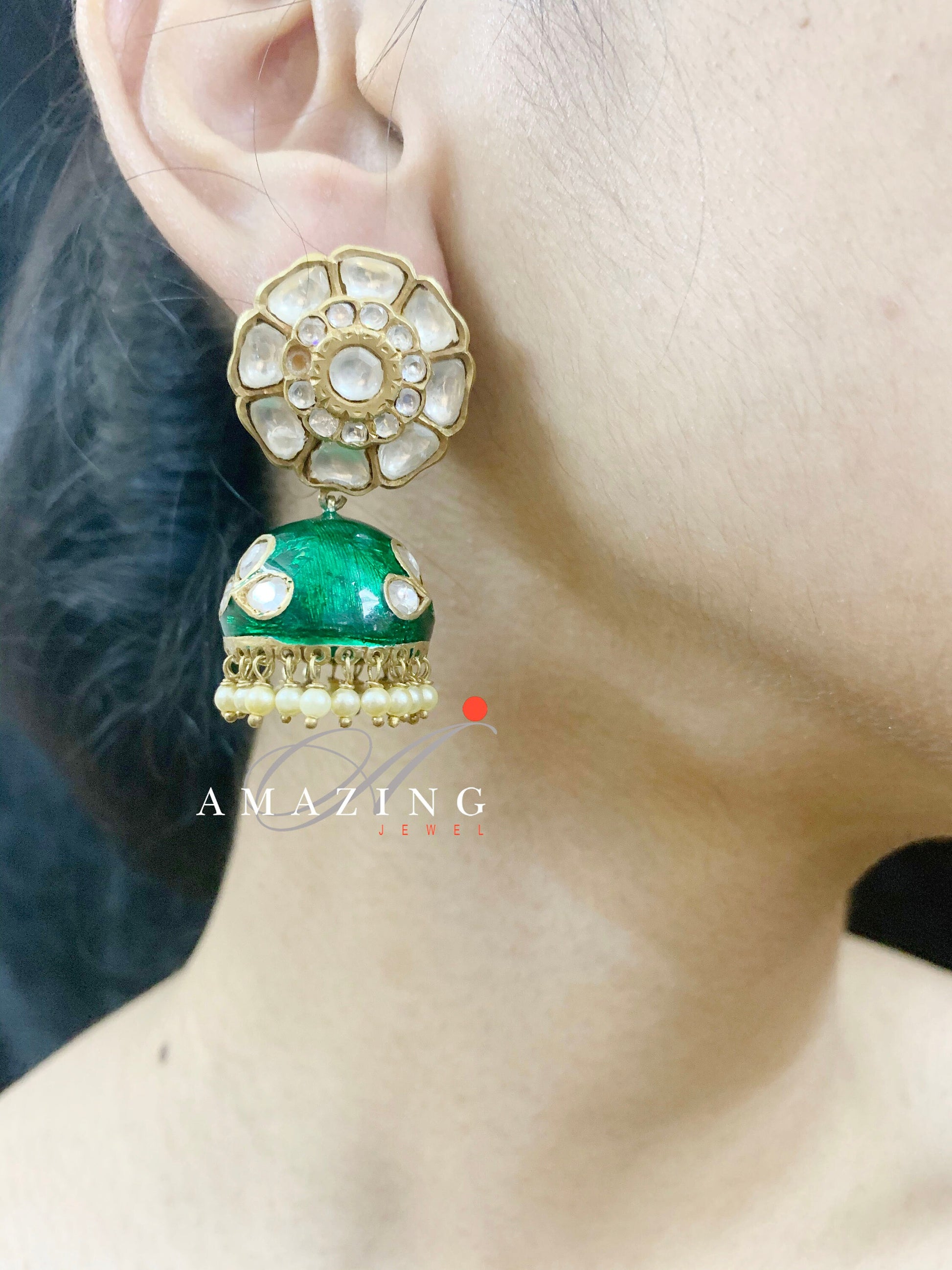 Silver Moissanite Polki with Green Enamel & Sea Pearls Earring Moissanite Polki Earring Jhumka Bridal Jewelry 925 Sterling Silver Jhumka