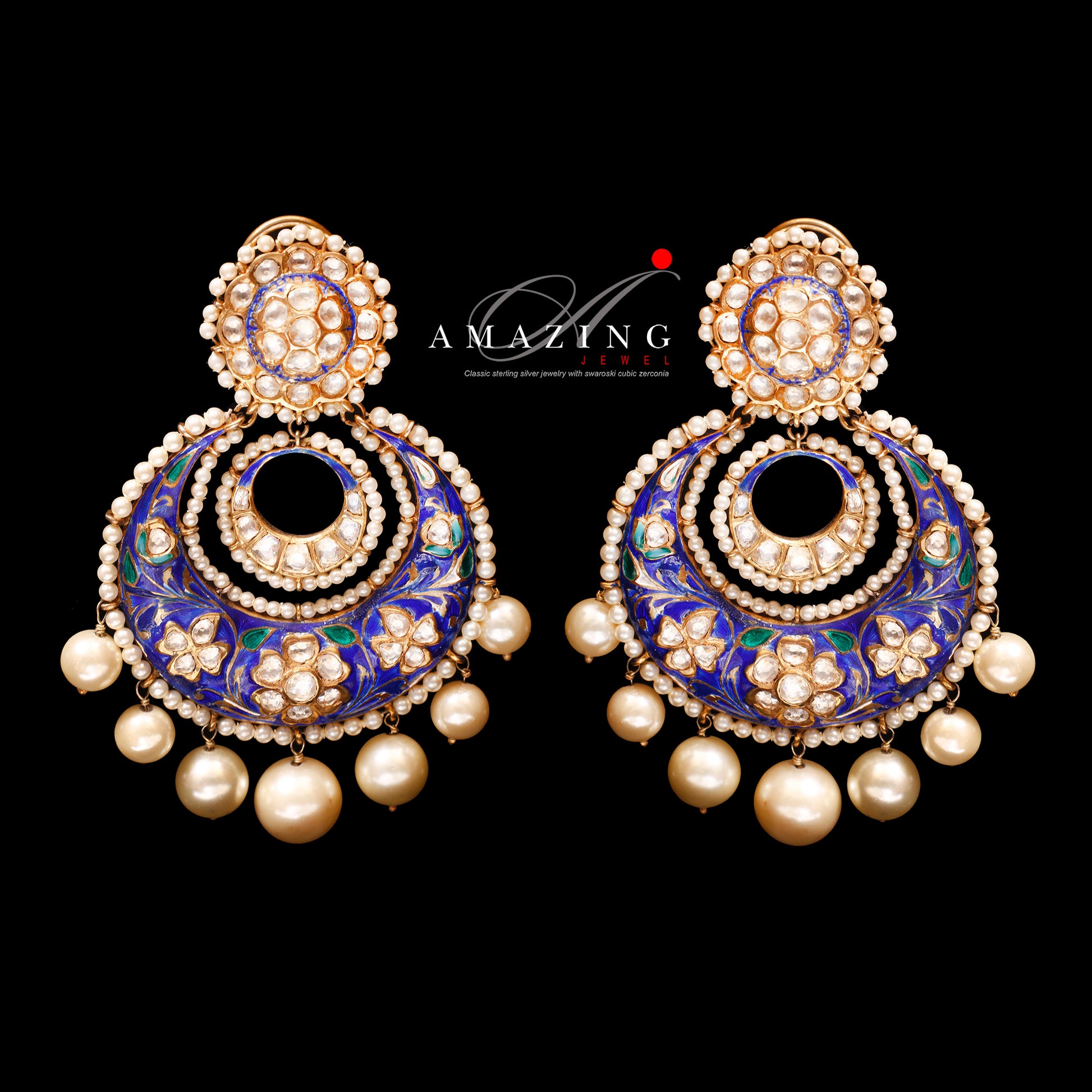 Silver Moissanite Polki with Pearls Earring   Moissanite Kundan Chandbali  Bridal Jewelry  Traditional Jewelry   925 Sterling Silver Earring