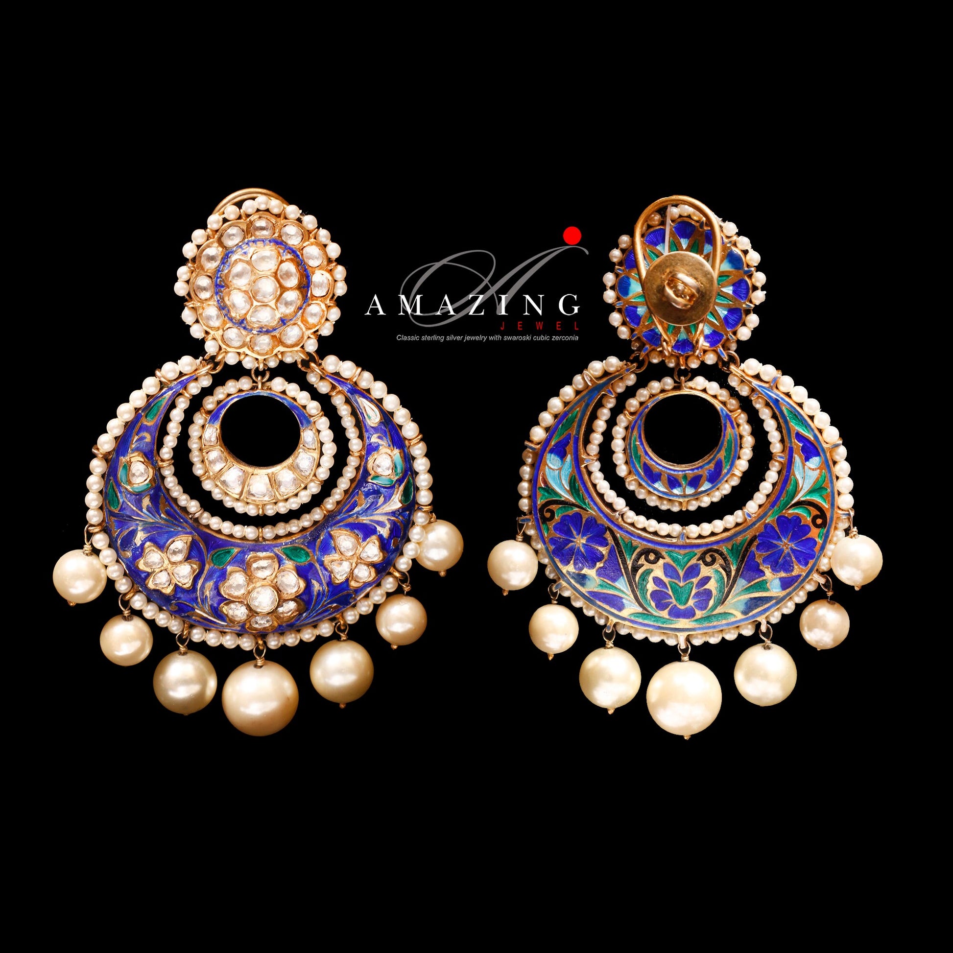 Silver Moissanite Polki with Pearls Earring   Moissanite Kundan Chandbali  Bridal Jewelry  Traditional Jewelry   925 Sterling Silver Earring