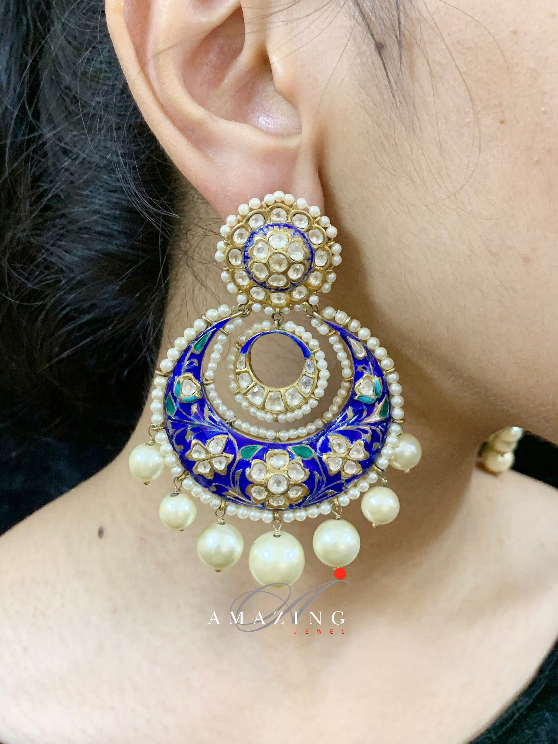 Silver Moissanite Polki with Pearls Earring   Moissanite Kundan Chandbali  Bridal Jewelry  Traditional Jewelry   925 Sterling Silver Earring