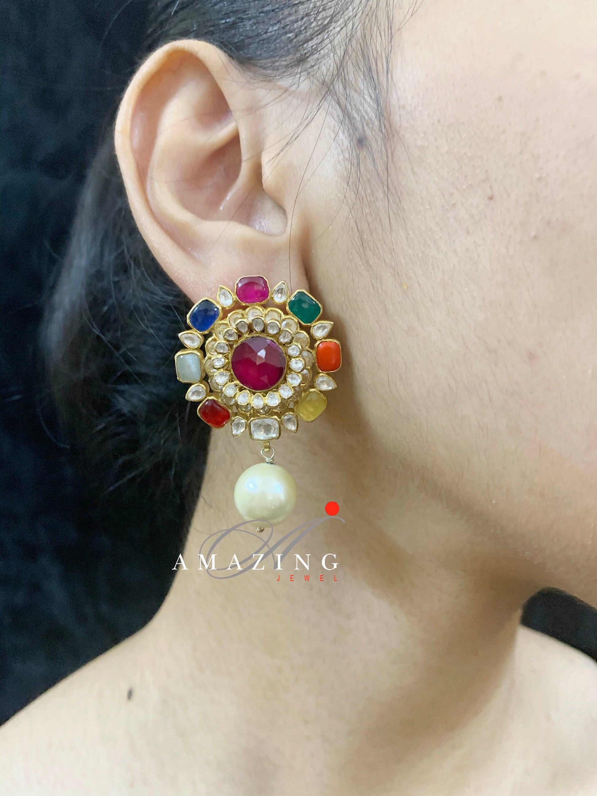 Silver Moissanite Polki with Semi Precious Navratan Stones and Fresh Water Sea Pearl Earring Moissanite Polki Earring Jhumka Bridal Jewelry