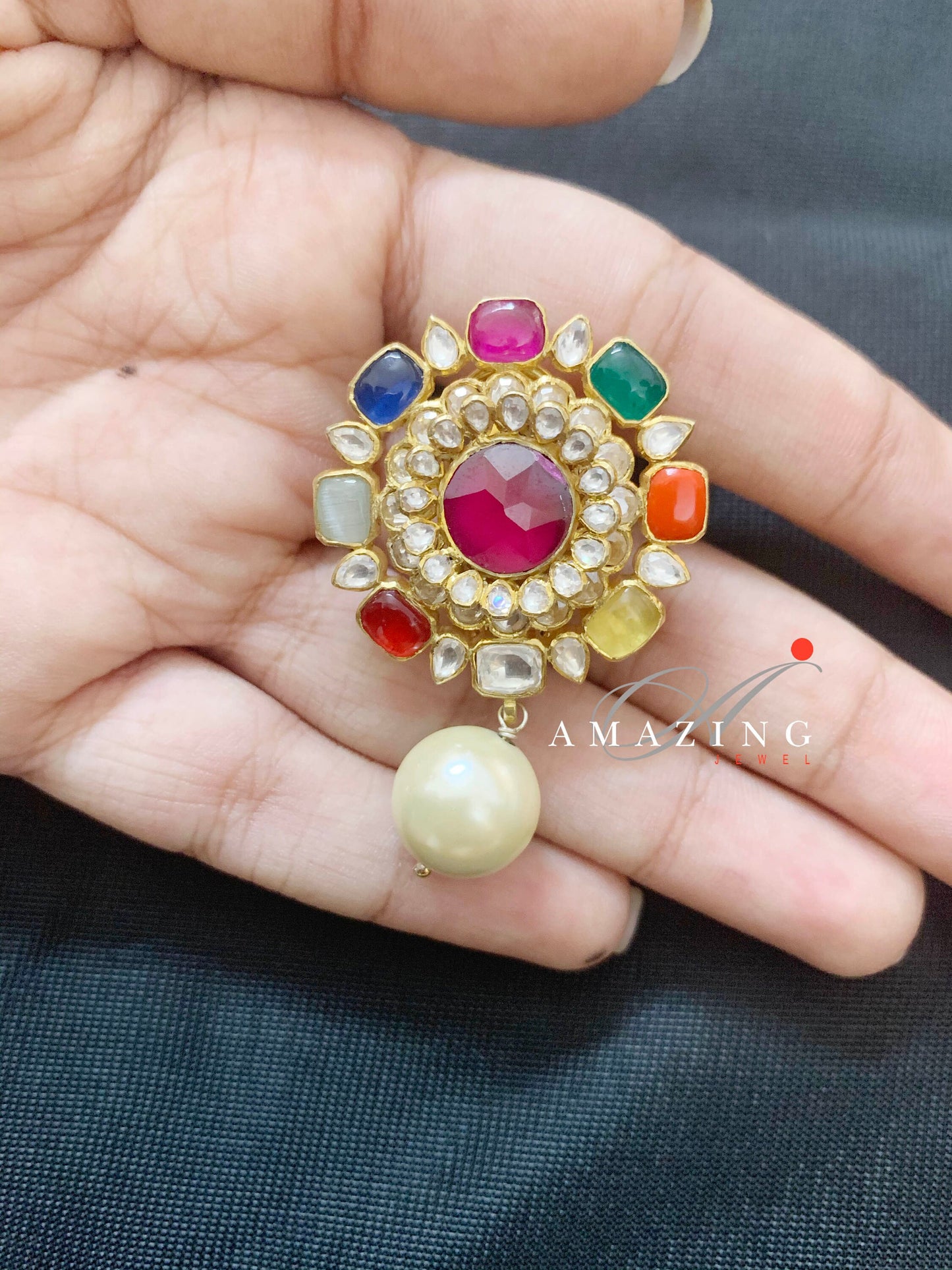 Silver Moissanite Polki with Semi Precious Navratan Stones and Fresh Water Sea Pearl Earring Moissanite Polki Earring Jhumka Bridal Jewelry