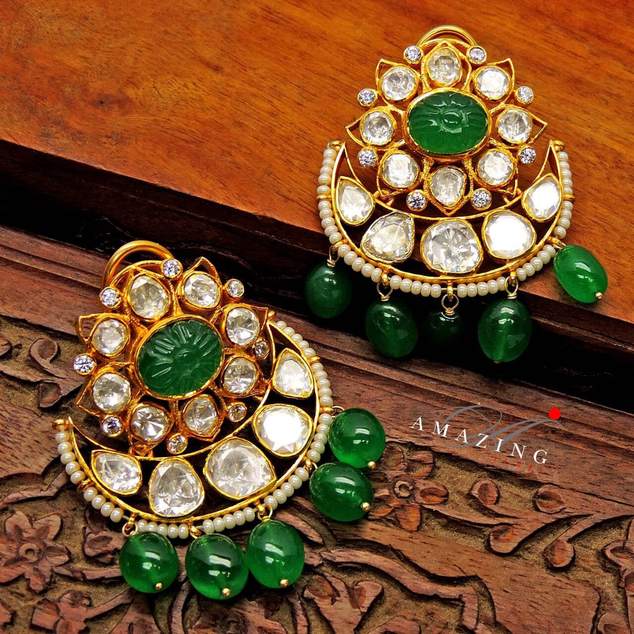 Silver Moissanite Polki with Emerald Tumble Earring  Moissanite Polki Earring   Chandbali  Bridal Jewelry 925 Sterling Silver Kundan Earring