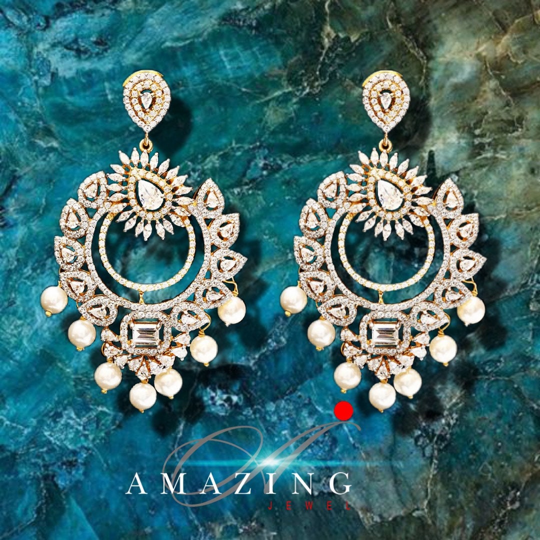 Silver Studded Cubic Zirconia Earring , Swarovski Chandbali ,Bridal Jewelry, Traditional Jewelry , 925 Sterling Silver Earring,Fine Jewelry