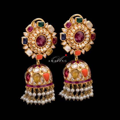 Silver Moissanite Polki with Semi Precious Navratan Stones and Fresh Water Sea Pearls Earring Moissanite Polki Earring Jhumka Bridal Jewelry