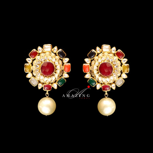 Silver Moissanite Polki with Semi Precious Navratan Stones and Fresh Water Sea Pearl Earring Moissanite Polki Earring Jhumka Bridal Jewelry