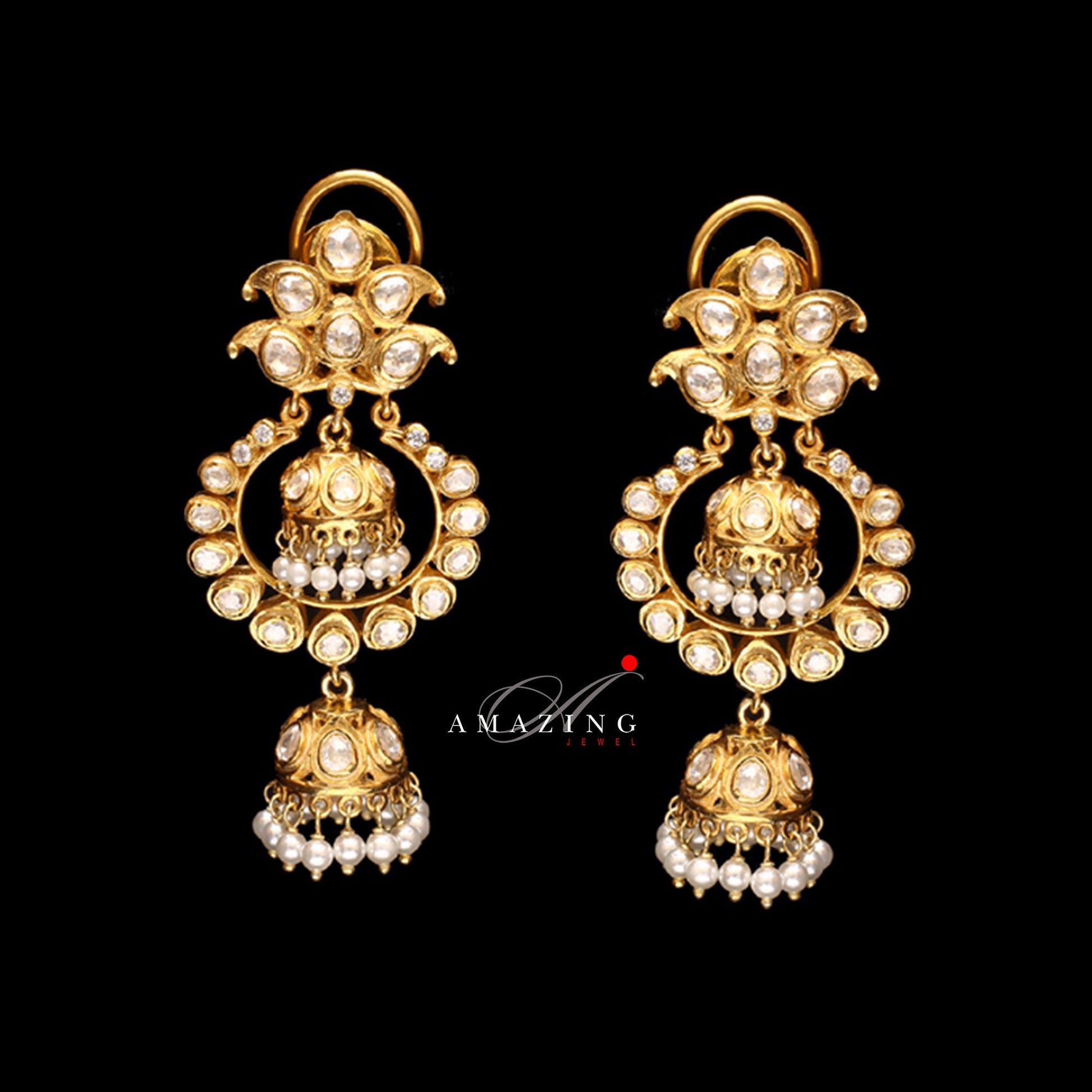 Silver Moissanite Polki & Swarovski Stones with Fresh Water Sea Pearls Earring  Indian Wedding Jewelry   Moissanite Polki Earring  Chandbali