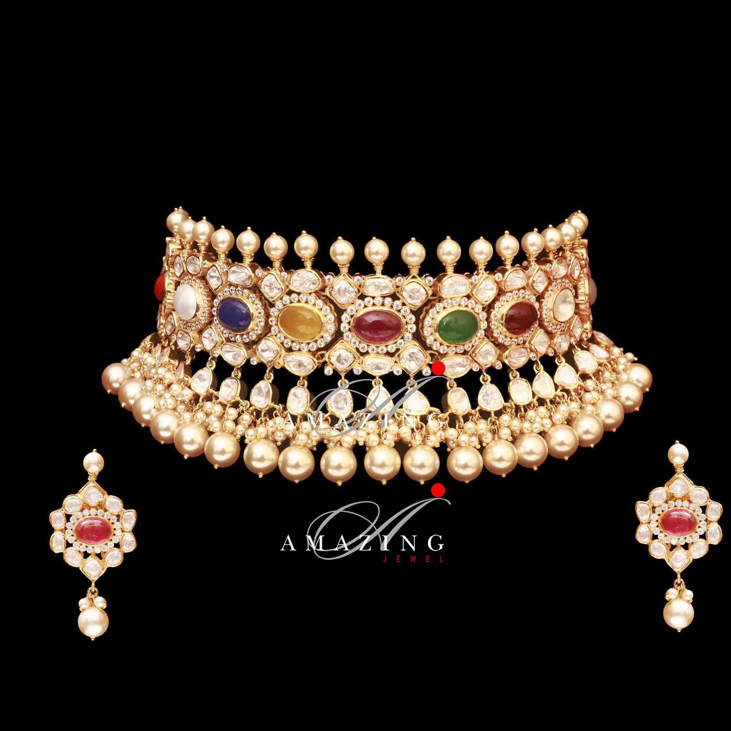 Silver Moissanite Polki Navratna with Fresh Water Sea Pearls Choker Set ,Indian Traditional Wedding Jewelry Set,Bridal Jewelry,Women Jewelry