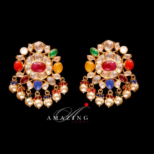 Silver Navratna Stone Earring,Semi Precious Navaratna with Fresh Water Sea Pearls Earring, Moissanite Polki Earring, Indian Wedding Jewelry,