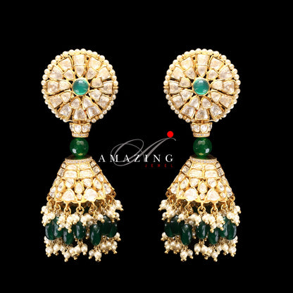 Silver Moissanite and Green Hydro Emerald Polki Earring ,Moissanite Polki Earring,Wedding Jewelry ,Indian Jewelry,Traditional Earring