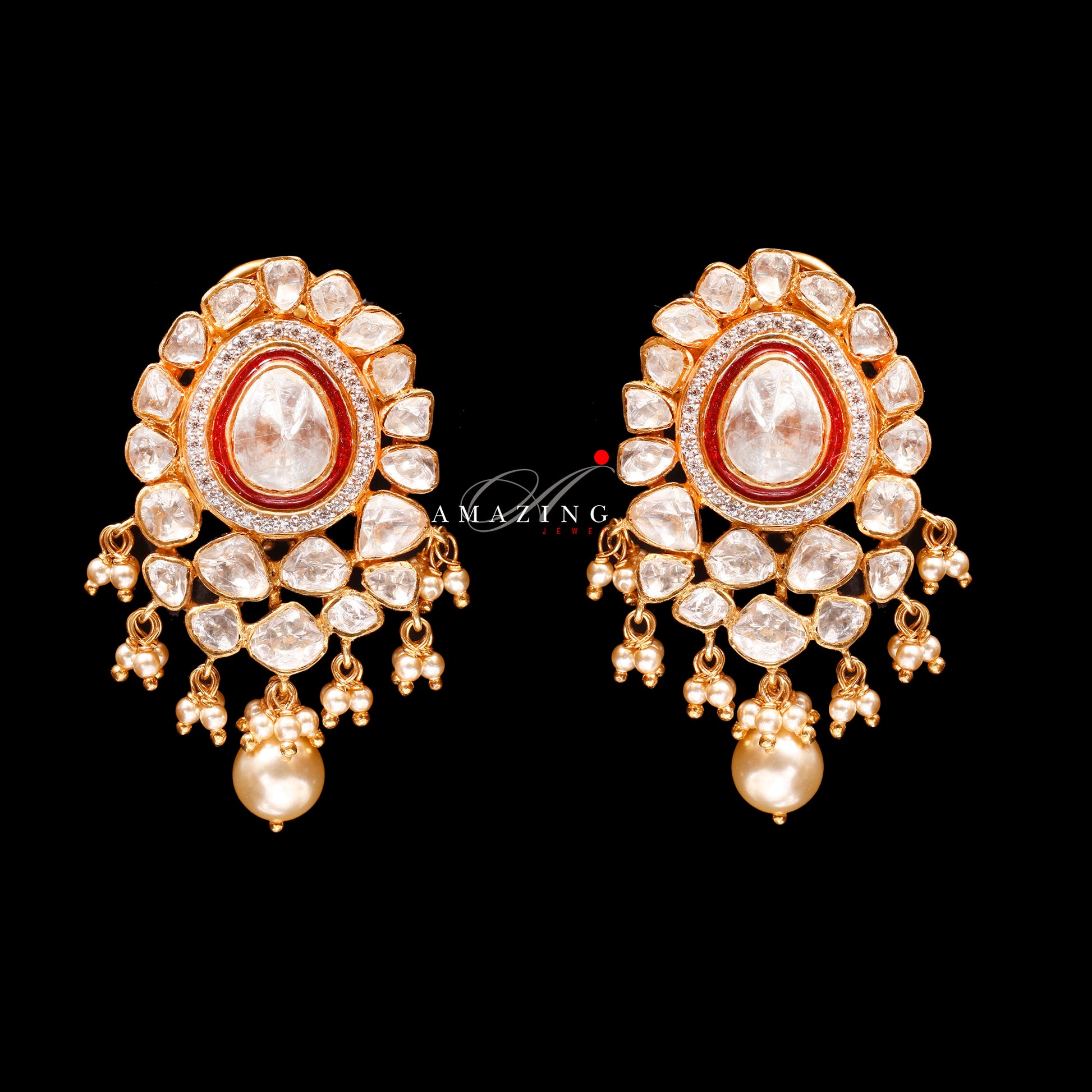 Silver Moissanite Polki with Sea Pearls Earrings Moissanite with Red Enamel Polki Earring  Indian Wedding Jewelry  Moissanite Polki Earring