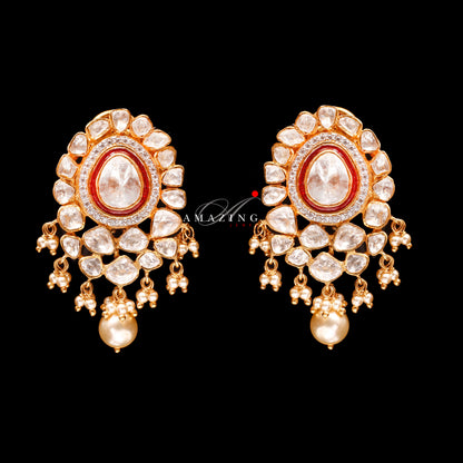 Silver Moissanite Polki with Sea Pearls Earrings Moissanite with Red Enamel Polki Earring  Indian Wedding Jewelry  Moissanite Polki Earring