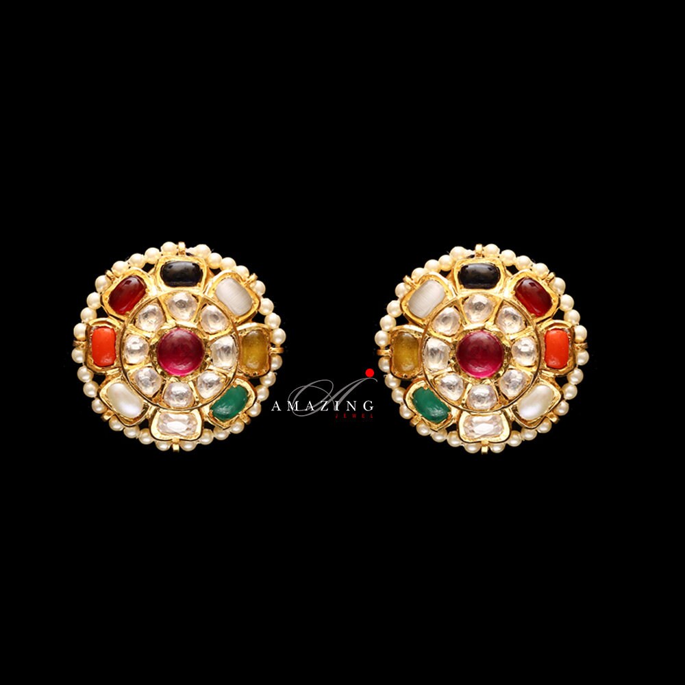 Silver Moissanite Polki with Semi Precious Navaratna & Fresh Water Sea Pearls Earring, Moissanite Polki Earring, Indian Wedding Jewelry,