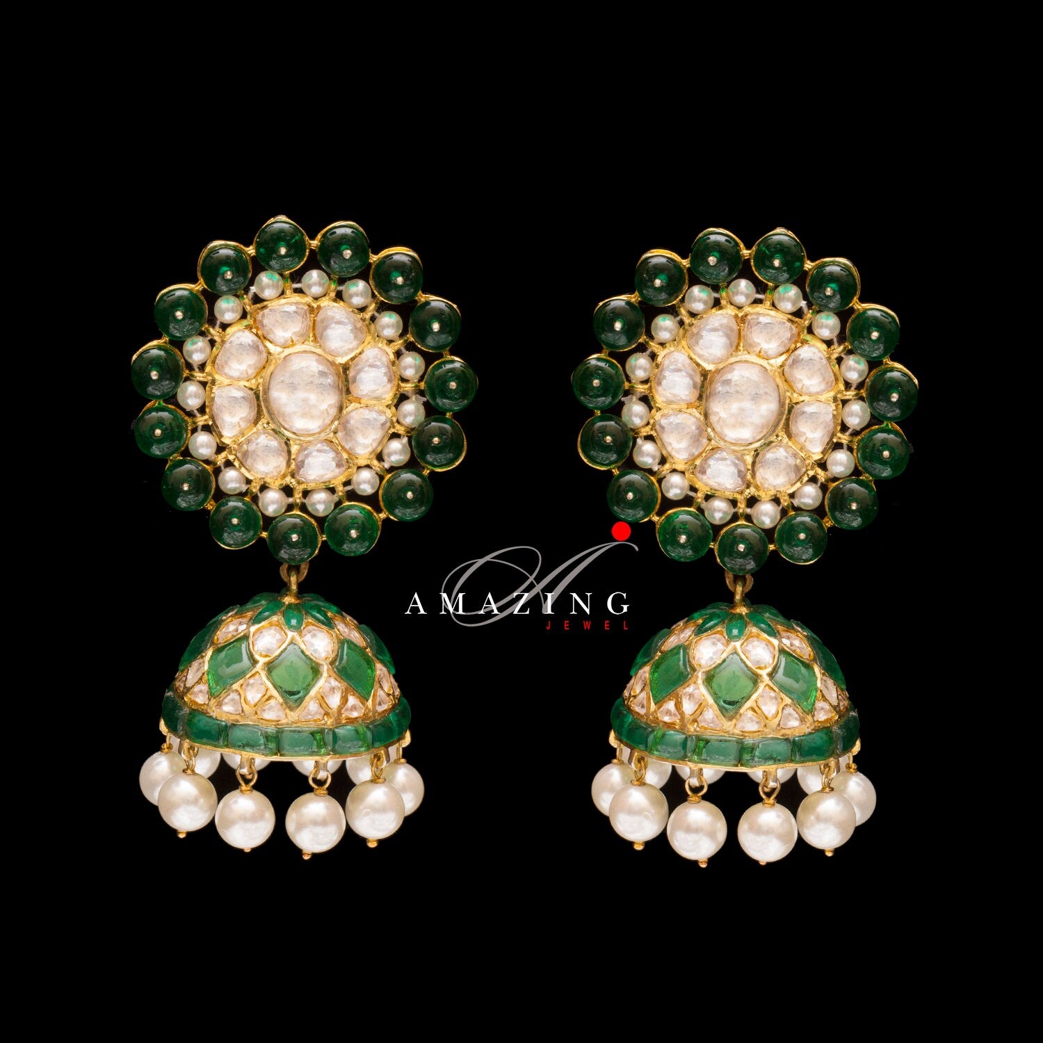 Silver Moissanite Polki with Hydro Emerald Chips & Beads Earring Moissanite Polki Earring Jhumka Bridal Jewelry 925 Sterling Silver Earring