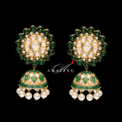 Silver Moissanite Polki with Hydro Emerald Chips & Beads Earring Moissanite Polki Earring Jhumka Bridal Jewelry 925 Sterling Silver Earring