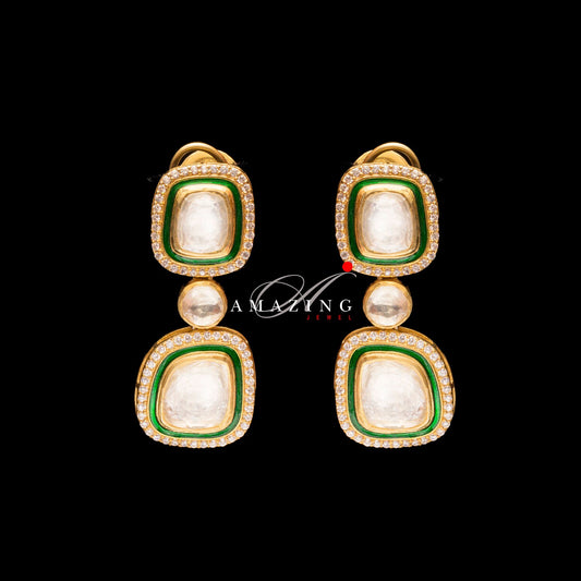 Silver Moissanite Polki Enamel Earring  Moissanite Kundan Chandelier  Bridal Jewelry  Traditional Jewelry   925 Sterling Silver Earring