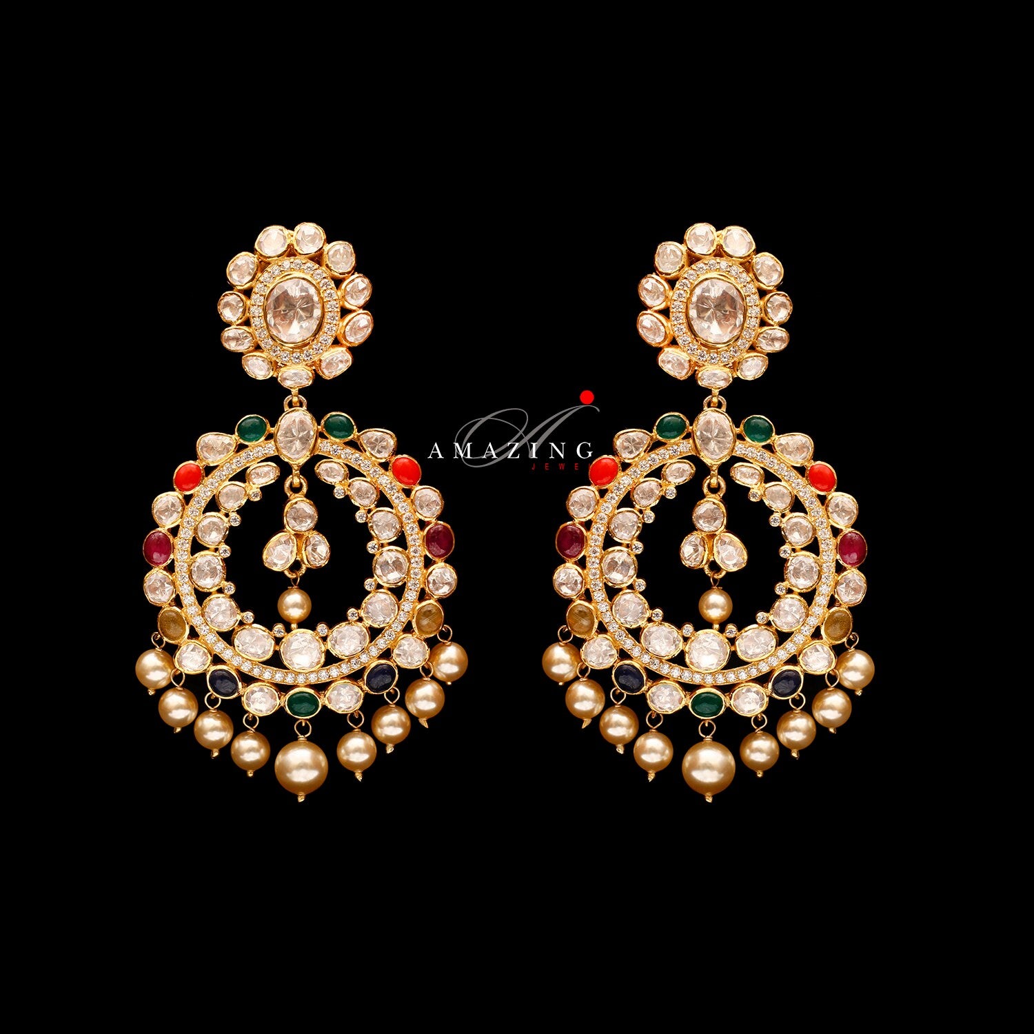 Silver Moissanite Polki with Fresh Water Sea Pearls & Navratna Stones Earring,Polki Earring , Chandbali ,Bridal Jewelry, Traditional Jewelry