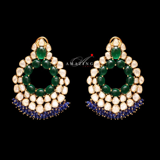 Silver Moissanite Polki with Hydro Emerald Cabs & Sapphire Beads Earring  Moissanite Earring Chandbali  Bridal Jewelry Traditional Jewelry