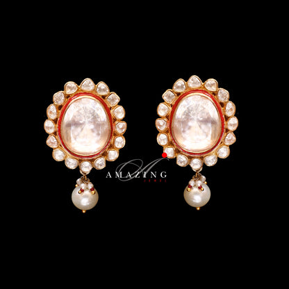 Silver Moissanite Single Polki Earrings Moissanite with Red Enamel Kundan Earring  Indian Wedding Jewelry  Indian Moissanite Polki Earring